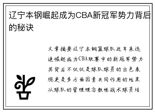 辽宁本钢崛起成为CBA新冠军势力背后的秘诀 辽宁本钢崛起成为CBA新冠军势力背后的秘诀