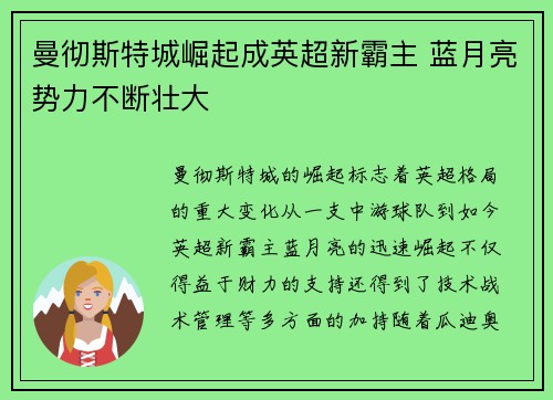曼彻斯特城崛起成英超新霸主 蓝月亮势力不断壮大 曼彻斯特城崛起成英超新霸主 蓝月亮势力不断壮大