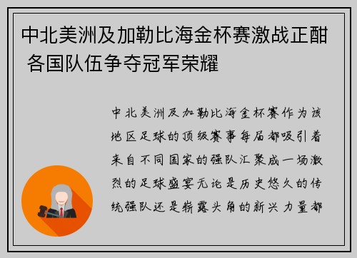 中北美洲及加勒比海金杯赛激战正酣 各国队伍争夺冠军荣耀